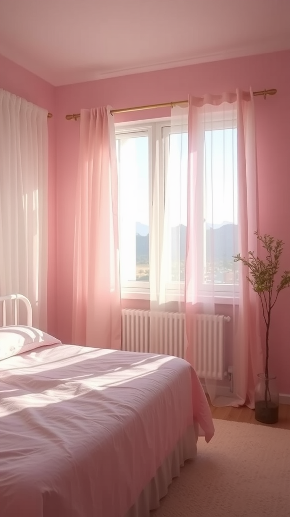 A cozy light pink bedroom featuring delicate sheer curtains, pink walls, and a soft bed.