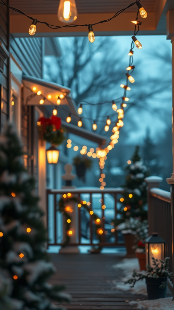 A winter porch decorated with string lights, greenery, and snow, creating a warm and inviting atmosphere.