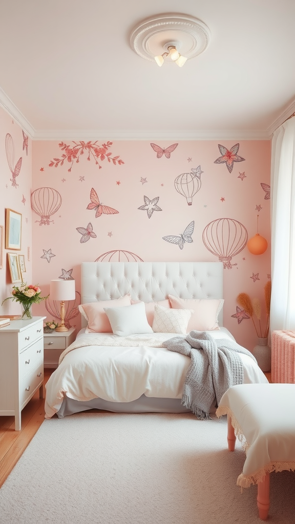 Cozy light pink bedroom with whimsical wallpaper featuring butterflies and hot air balloons.