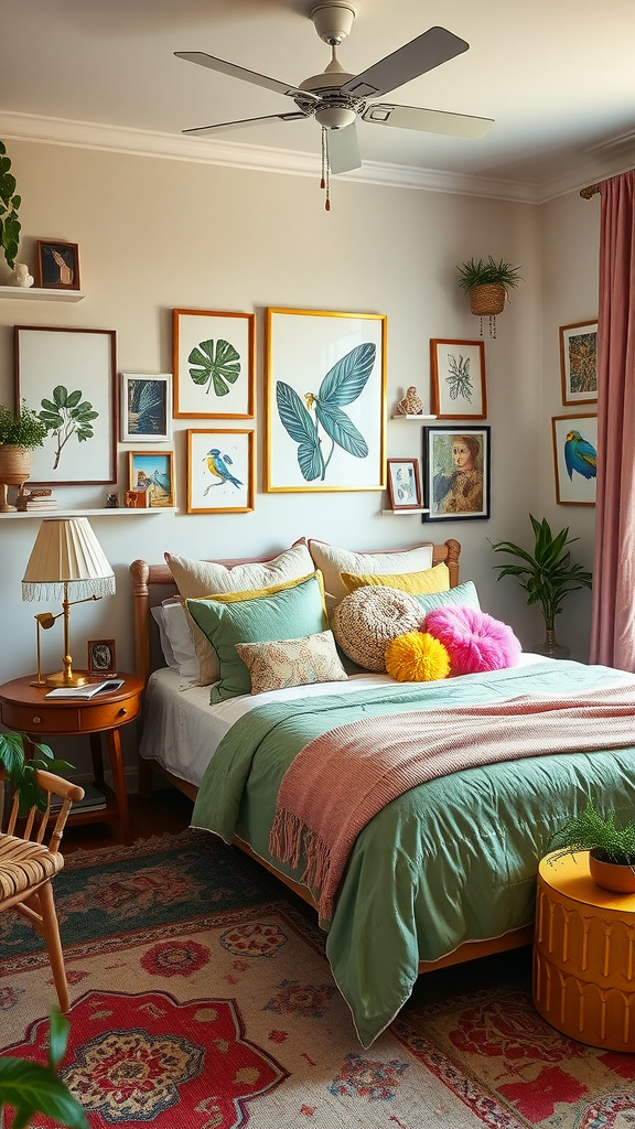Colorful bedroom featuring green and pink decor with plants and cozy furnishings.