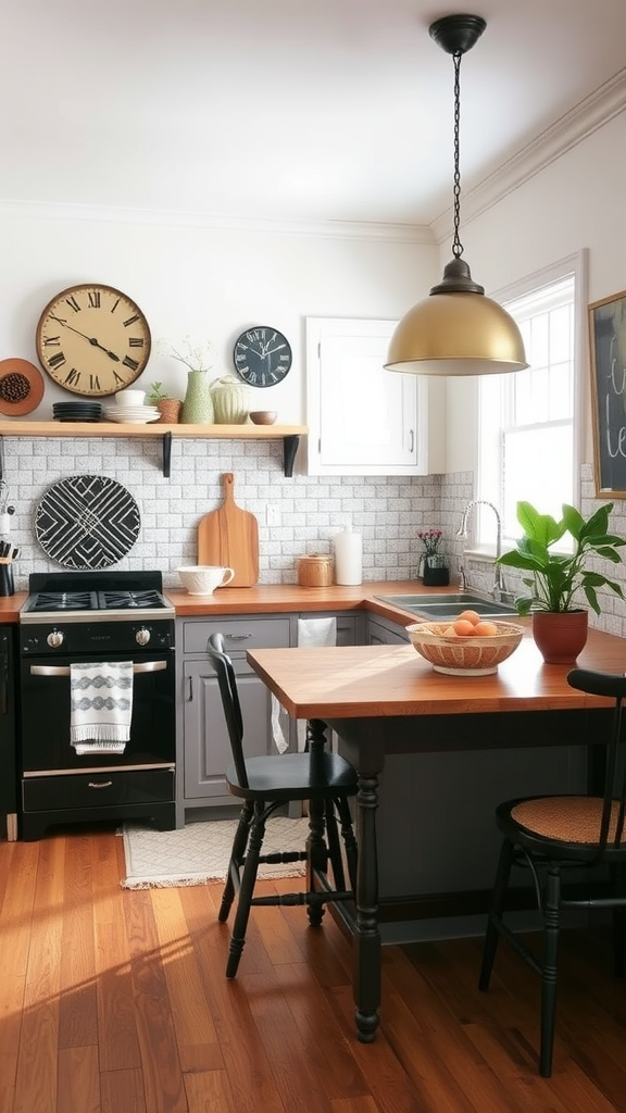 A stylish kitchen featuring a mix of modern and vintage decor elements.