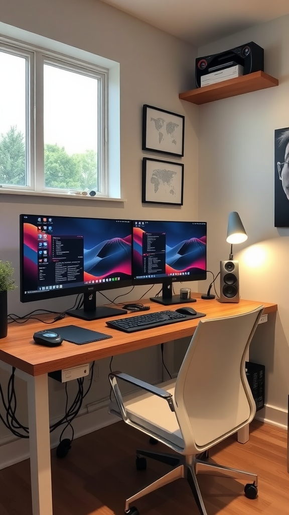 A cozy home office setup featuring dual monitors, a modern desk, ergonomic chair, and decorative elements.