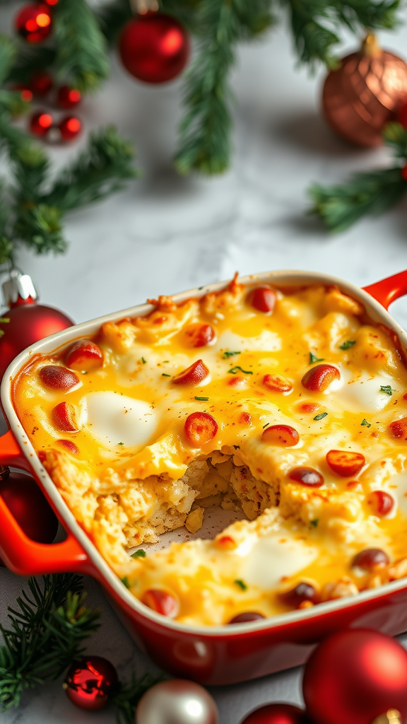 A festive Egg and Cheese Breakfast Bake in a red dish, surrounded by Christmas decorations