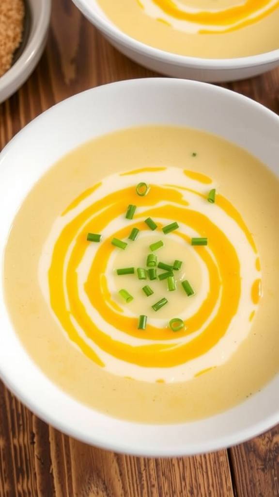 A bowl of egg drop soup garnished with chives, featuring a creamy swirl design.