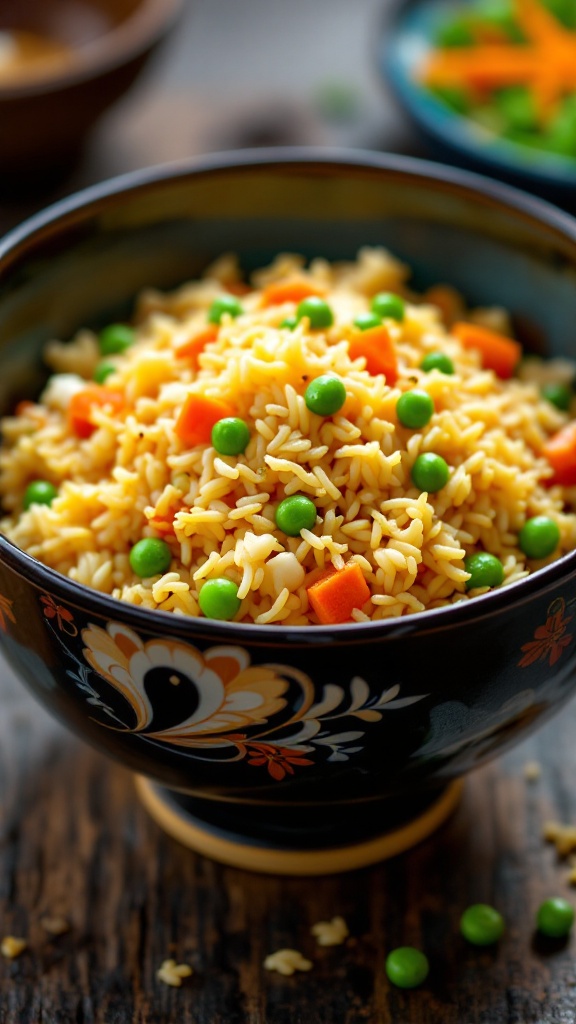 A bowl of colorful egg fried rice with peas and carrots