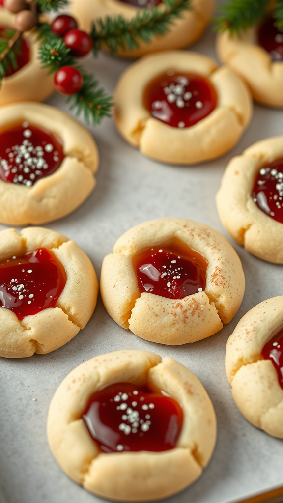 A close-up of eggnog thumbprint cookies with red jam centers and festive decorations.