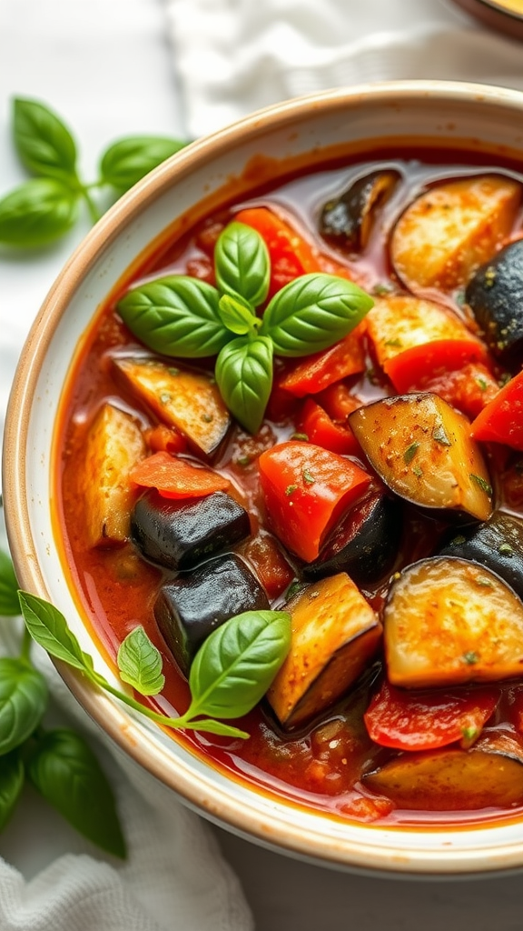 A bowl of eggplant and tomato stew with fresh basil leaves on top