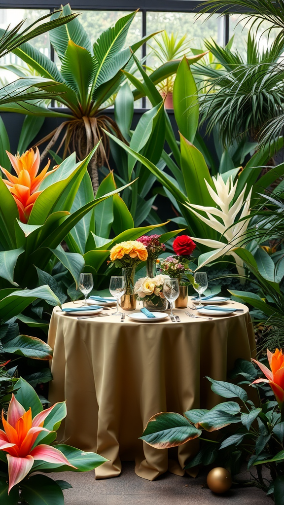 A beautifully set dining table surrounded by lush tropical plants and colorful flowers in a botanical garden.