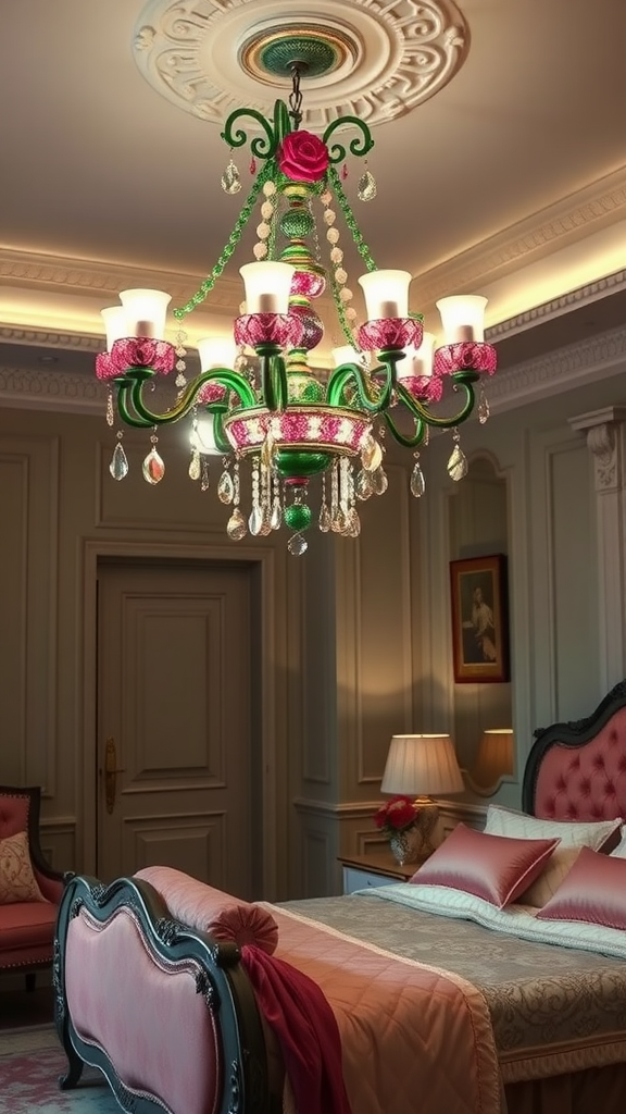 A stylish chandelier with green and pink accents in a bedroom setting.