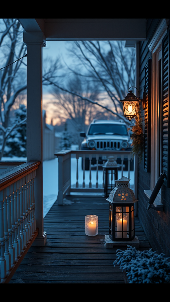 A winter porch decorated with lanterns and candles, showcasing ice lanterns glowing warmly.