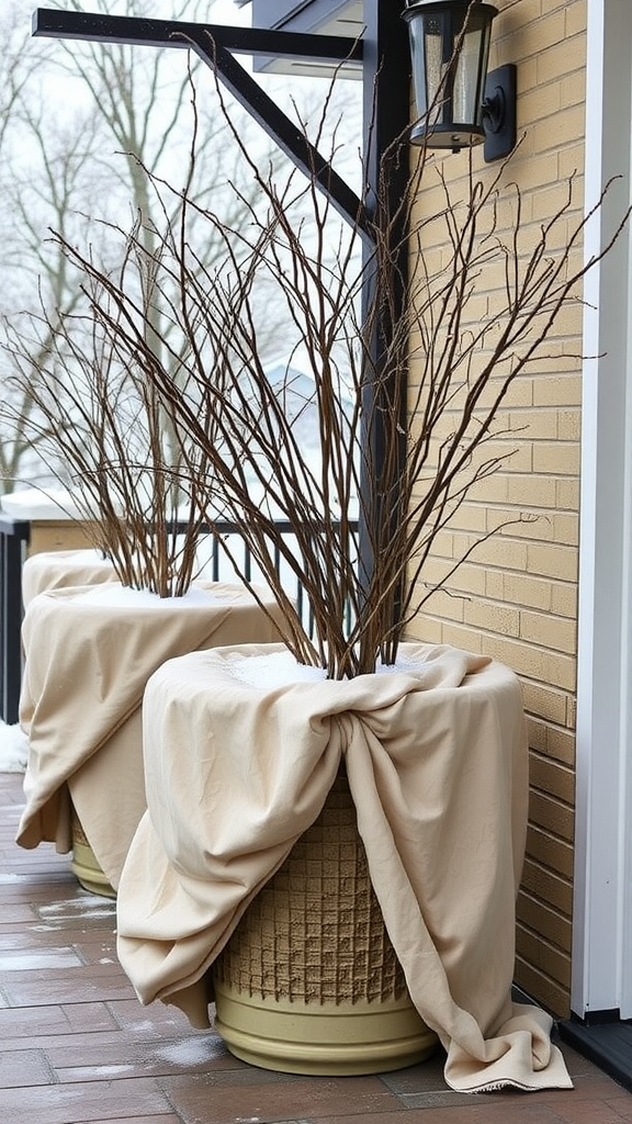 Planters covered with soft beige fabric and bare branches on a porch.