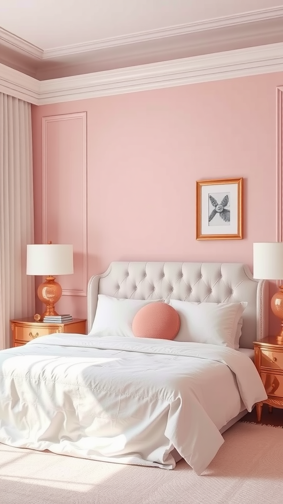 Cozy light pink bedroom with rose gold decor elements, featuring a tufted headboard, decorative pillow, and stylish lamps.