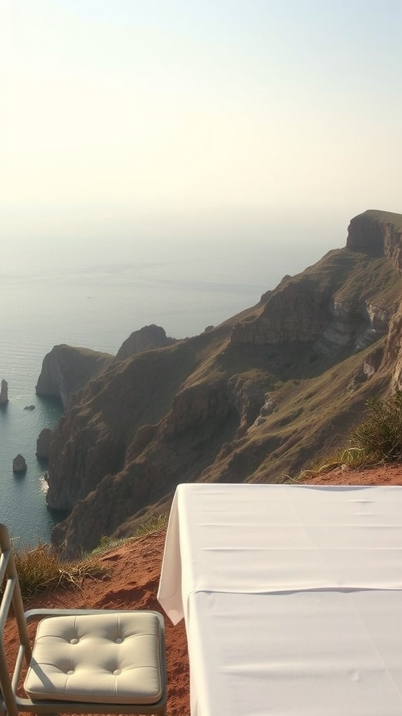 A beautiful dining setup on a cliff overlooking the ocean.