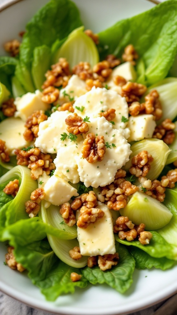 A fresh endive salad topped with walnuts and Roquefort cheese.