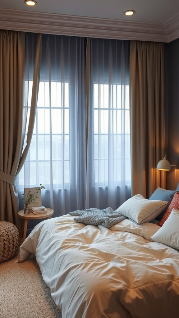 Modern bedroom featuring soft bedding and dim lighting for relaxation.