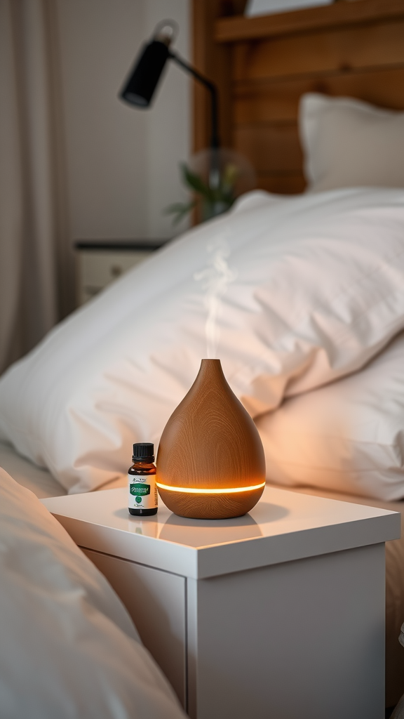 A stylish essential oil diffuser emitting mist beside a bedside table with a plant.