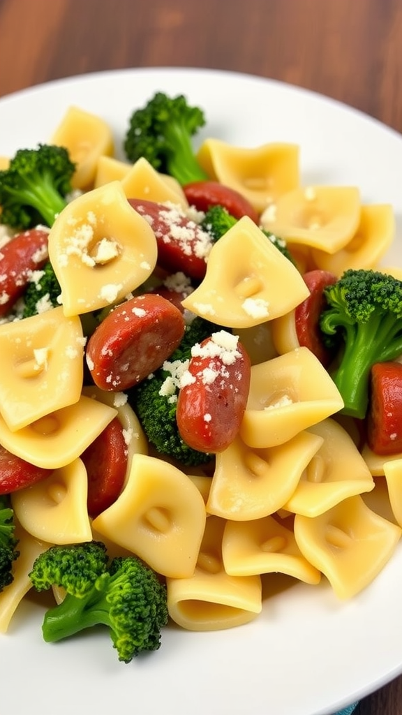 A plate of farfalle pasta with broccoli and sausage, garnished with cheese, on a wooden table.