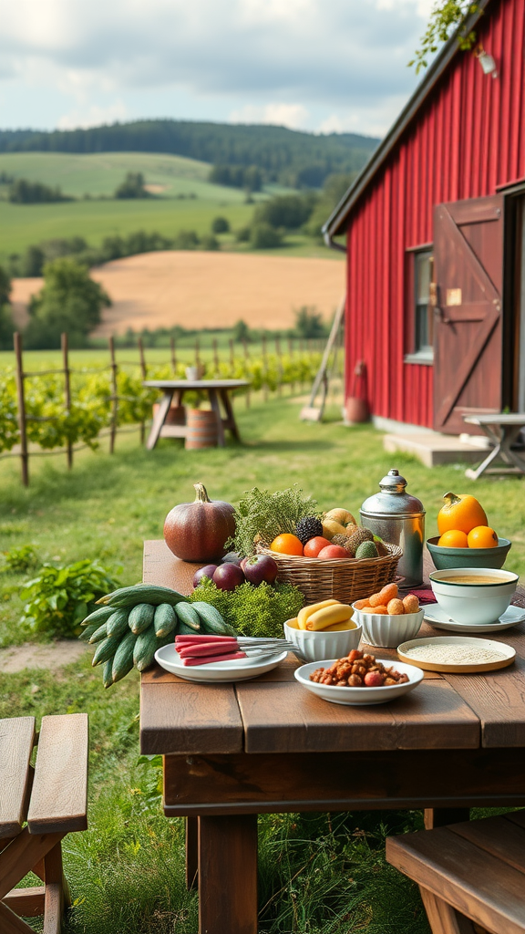 A beautifully set outdoor dining table with fresh produce and flowers at a local farm.