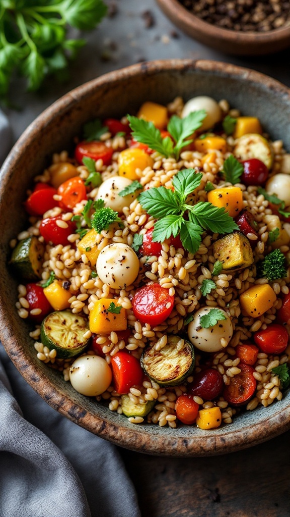 A bowl of farro salad with colorful roasted vegetables and herbs