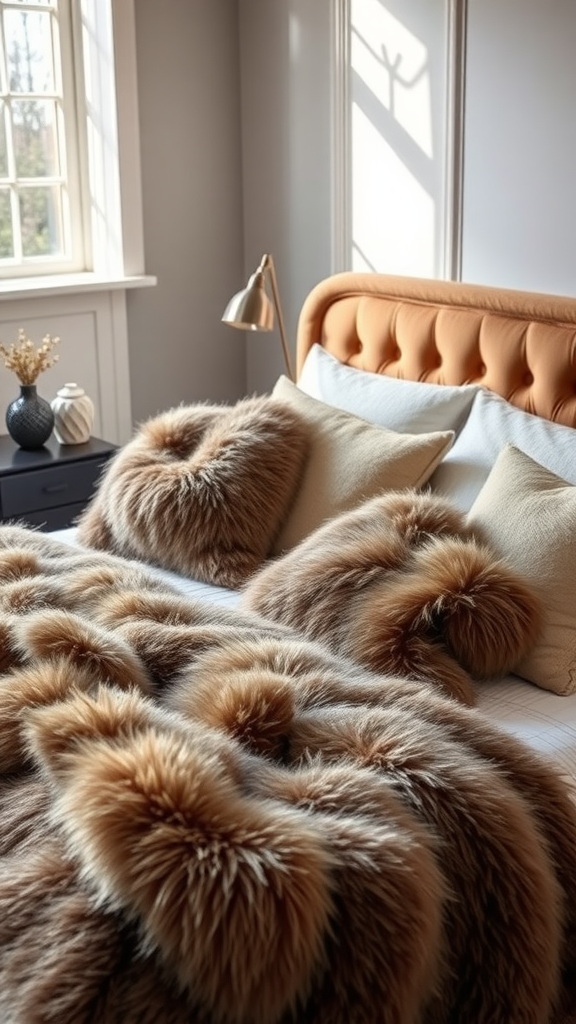 Cozy bedroom featuring faux fur accents on bedding and pillows