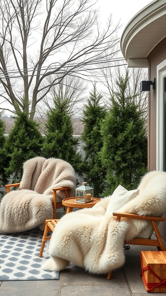 Cozy outdoor patio with two chairs covered in faux fur throws, surrounded by greenery.