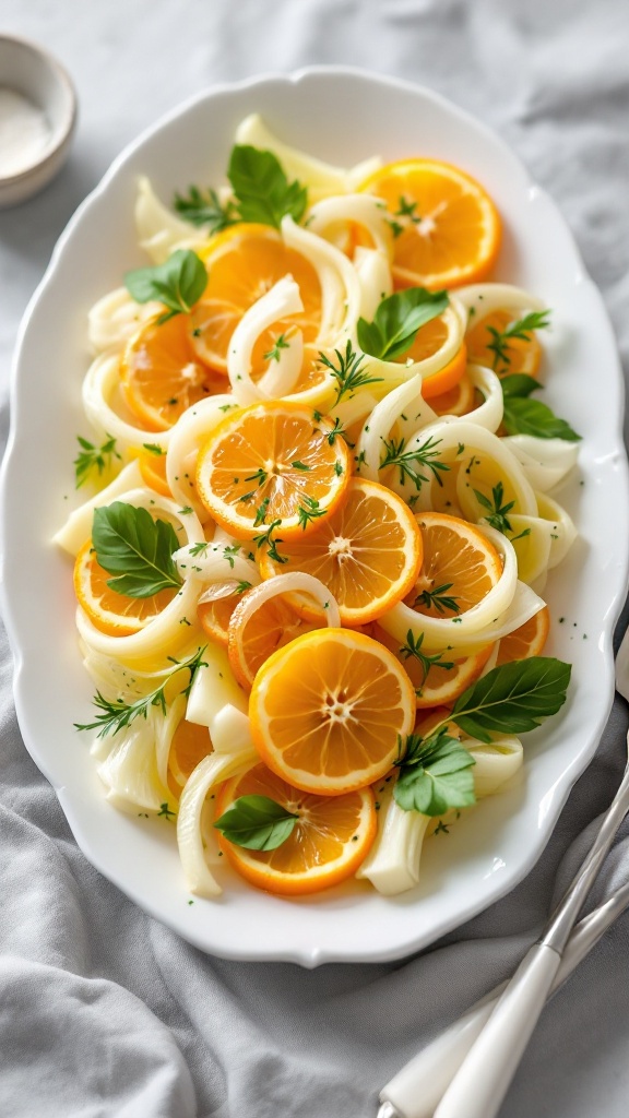 A vibrant fennel and citrus salad featuring sliced oranges and herbs on a white platter.