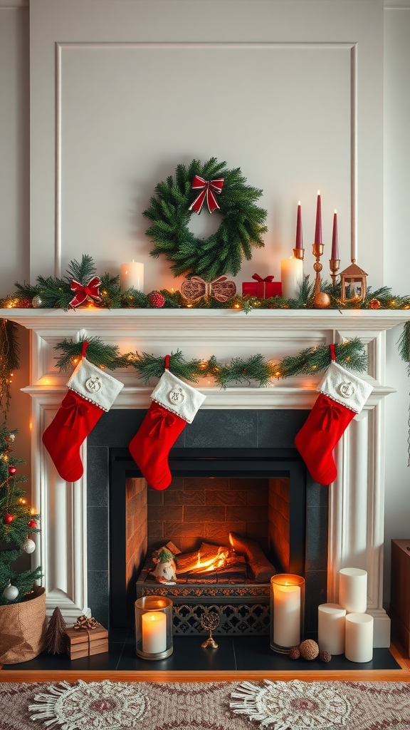 Festive fireplace display with stockings, a wreath, and candles