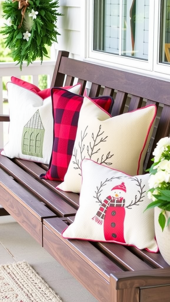 A cozy winter porch with festive throw pillows on a bench, complemented by a green wreath.