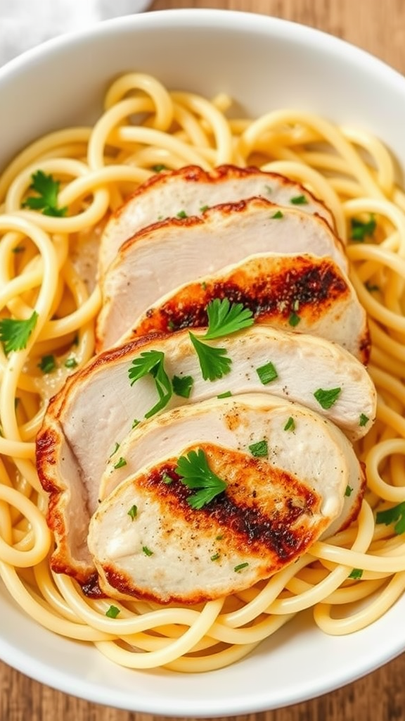 A bowl of fettuccine alfredo topped with grilled chicken and garnished with parsley.