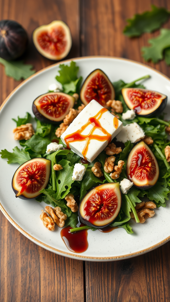 A plate of arugula salad topped with figs, walnuts, and cheese, drizzled with dressing.