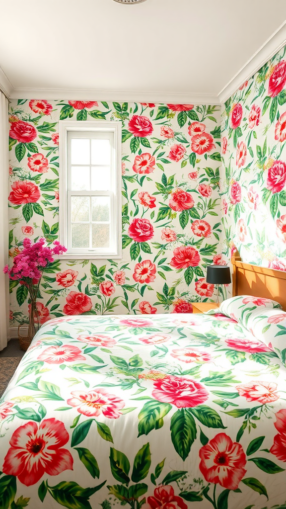 A bright bedroom featuring floral patterns in green and pink.