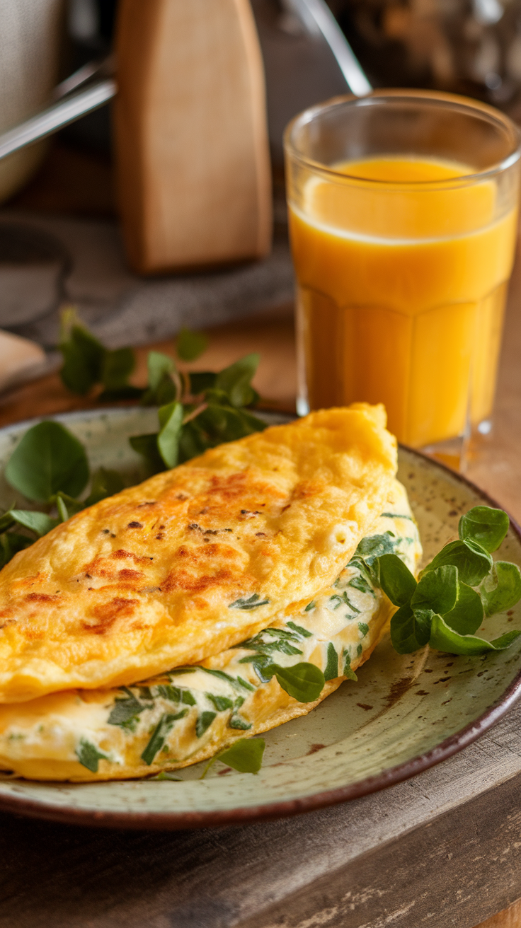 A fluffy omelette filled with fresh herbs on a plate, accompanied by a glass of orange juice.