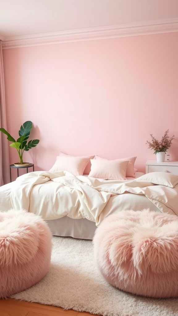 Cozy light pink bedroom with fluffy pink poufs