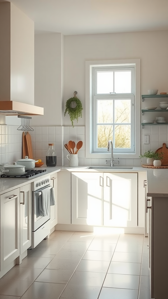 A bright and clean kitchen with minimal decor and organized space.