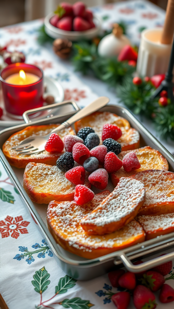 A delicious French toast bake topped with fresh berries on a festive table.