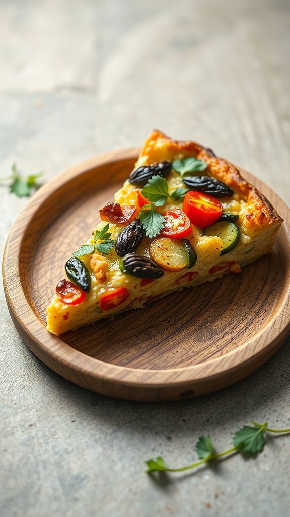 A slice of frittata with seasonal vegetables on a wooden plate, garnished with fresh herbs.