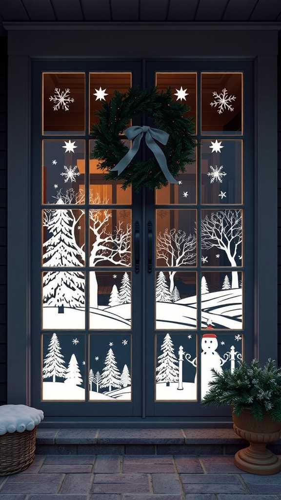 A window decorated with frosted window clings featuring snowflakes and pine trees, with a warm glow from the inside.