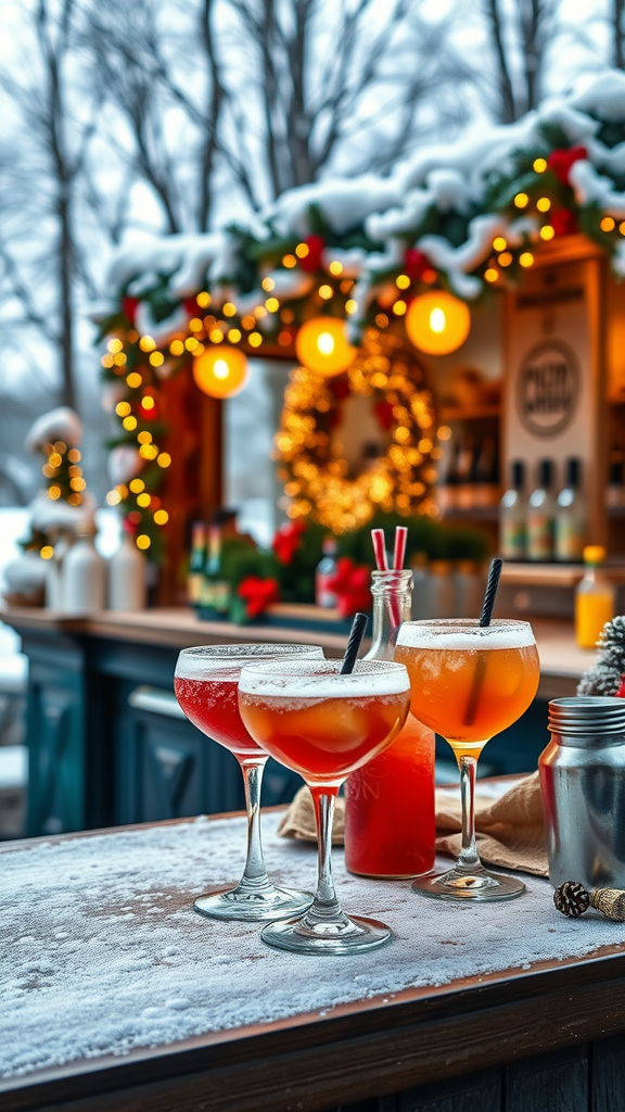 An inviting outdoor bar decorated for winter with colorful cocktails, twinkling lights, and snowy surroundings.