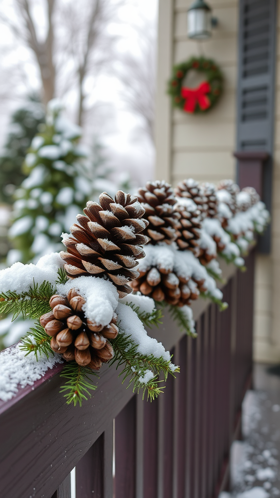 A snowy porch railing decorated with pinecones and evergreen branches.