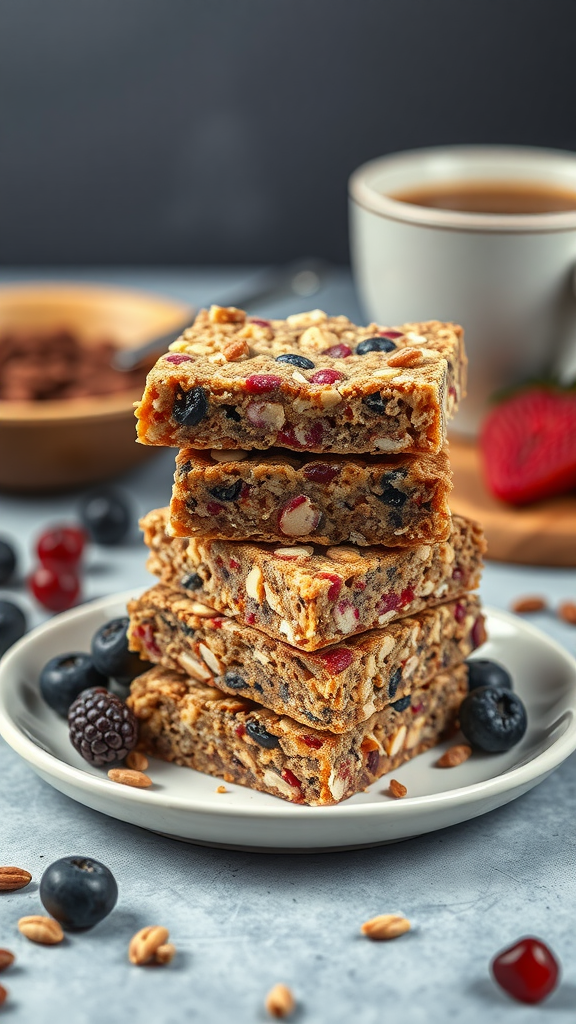 Stack of fruit and nut breakfast bars with berries on a plate