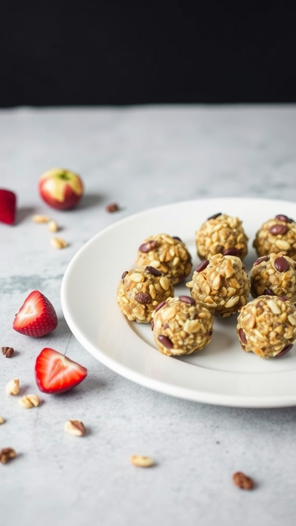 A plate of fruit and nut energy bites surrounded by fresh strawberries and apple