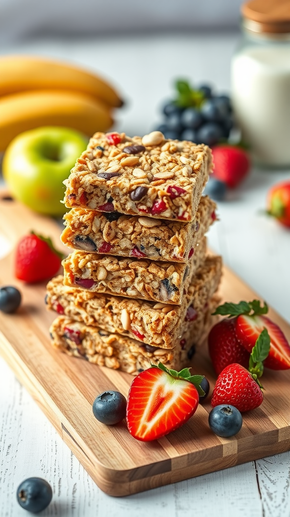 Stack of fruit and nut granola bars on a wooden board with fresh berries and bananas in the background