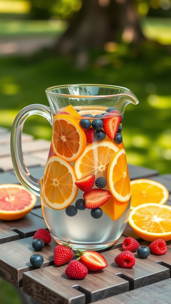 A pitcher of fruit infused water with orange slices, strawberries, blueberries, and raspberries.