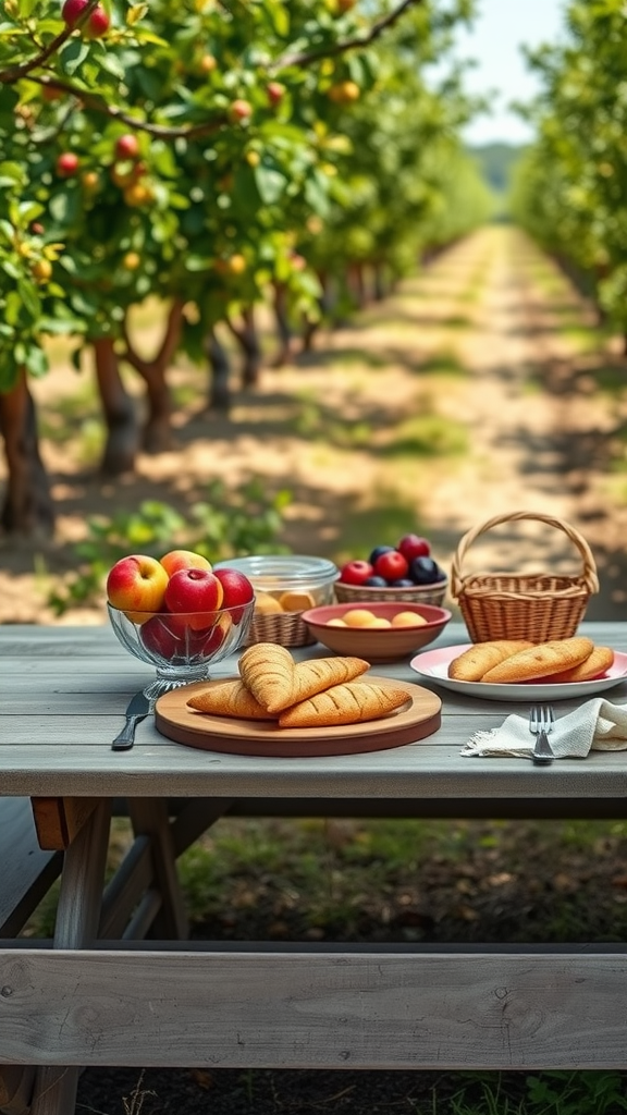 Outdoor dining setup with apples and pastries in a fruit orchard