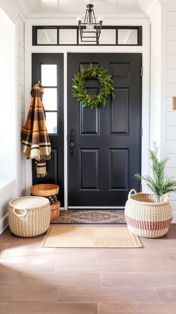 A stylish entryway featuring a black front door, a green wreath, plaid throw blanket, and woven baskets.