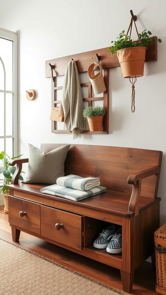 A wooden bench with storage in an entryway, featuring a sign, throws, a cushion, and shoes stored below.