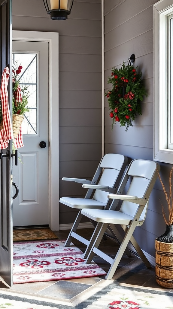 A stack of grey folding chairs stored in a small entryway, with a basket above and a patterned rug below.