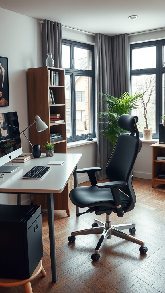 A modern home office featuring an ergonomic chair, sleek desk, and natural elements.