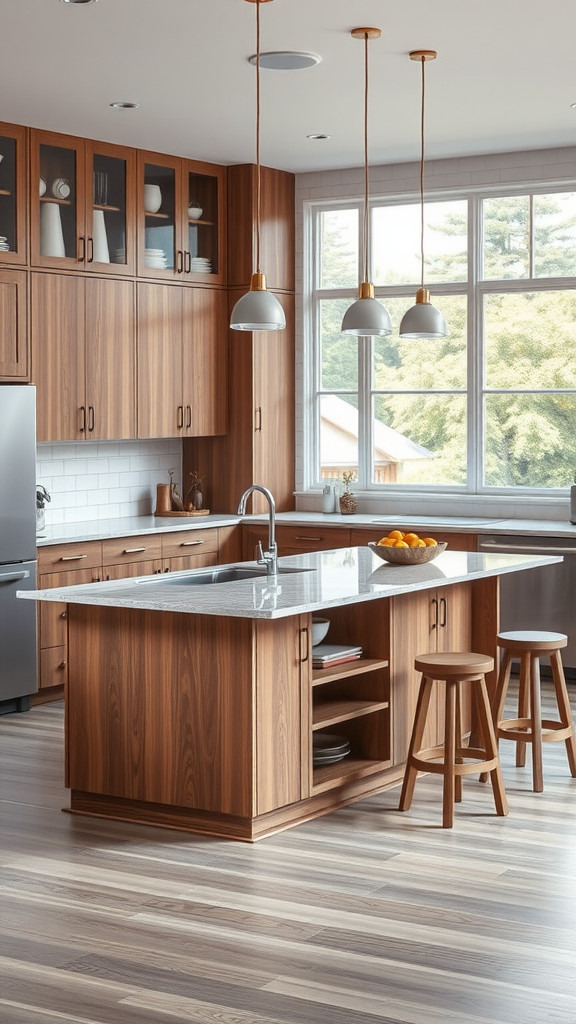 A modern kitchen with a wooden island, featuring a sink and seating, showcasing functional design.