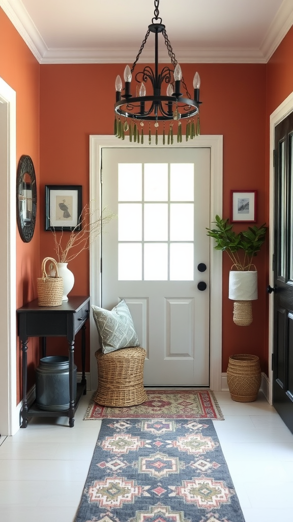 A stylish entryway featuring orange walls, a chandelier, decorative rugs, and plants.